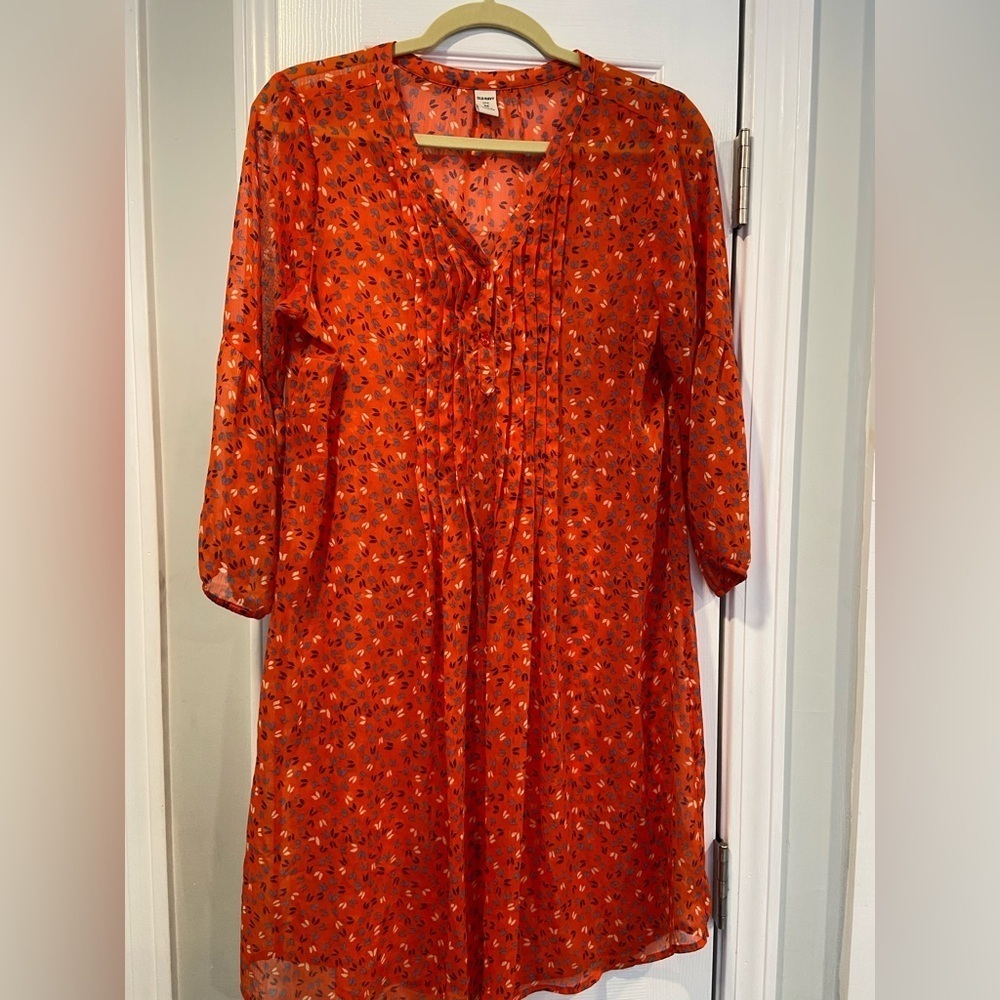 Old Navy Orange Sheer V Neck Long Sleeve Pintuck Peasant Mini Dress Size M